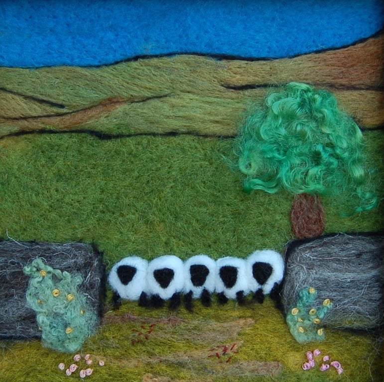 Five sheep stonewall wool painting.  Needlefelt picture with hand embroidery
