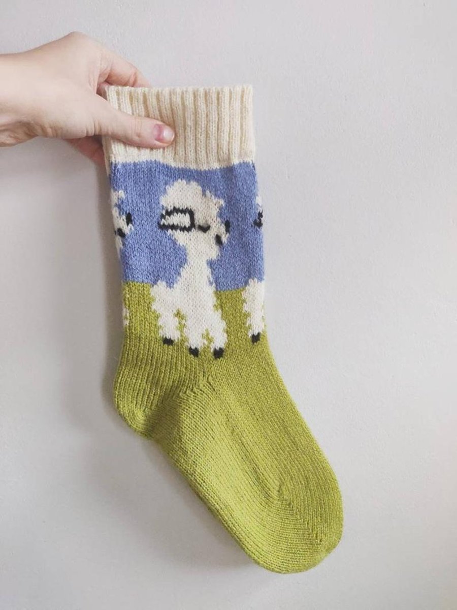 Knitted wool socks spring lamb easter green blue white fairisle nordic norwegian