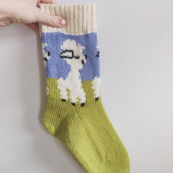 Knitted wool socks spring lamb easter green blue white fairisle nordic norwegian