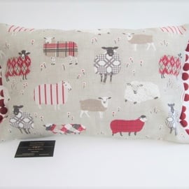 Red  Sheep Cushion with Red Bobbles