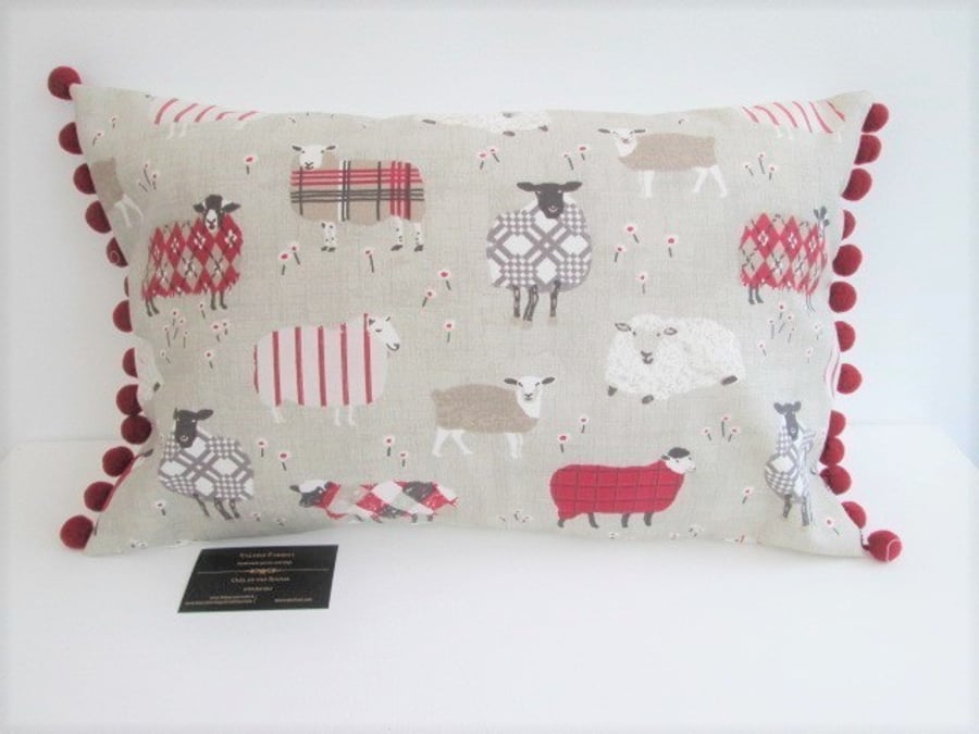 Red  Sheep Cushion with Red Bobbles