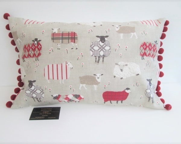 Red  Sheep Cushion with Red Bobbles
