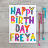 Girls, Teenage Personalised Name Birthday Card, Geometric Design