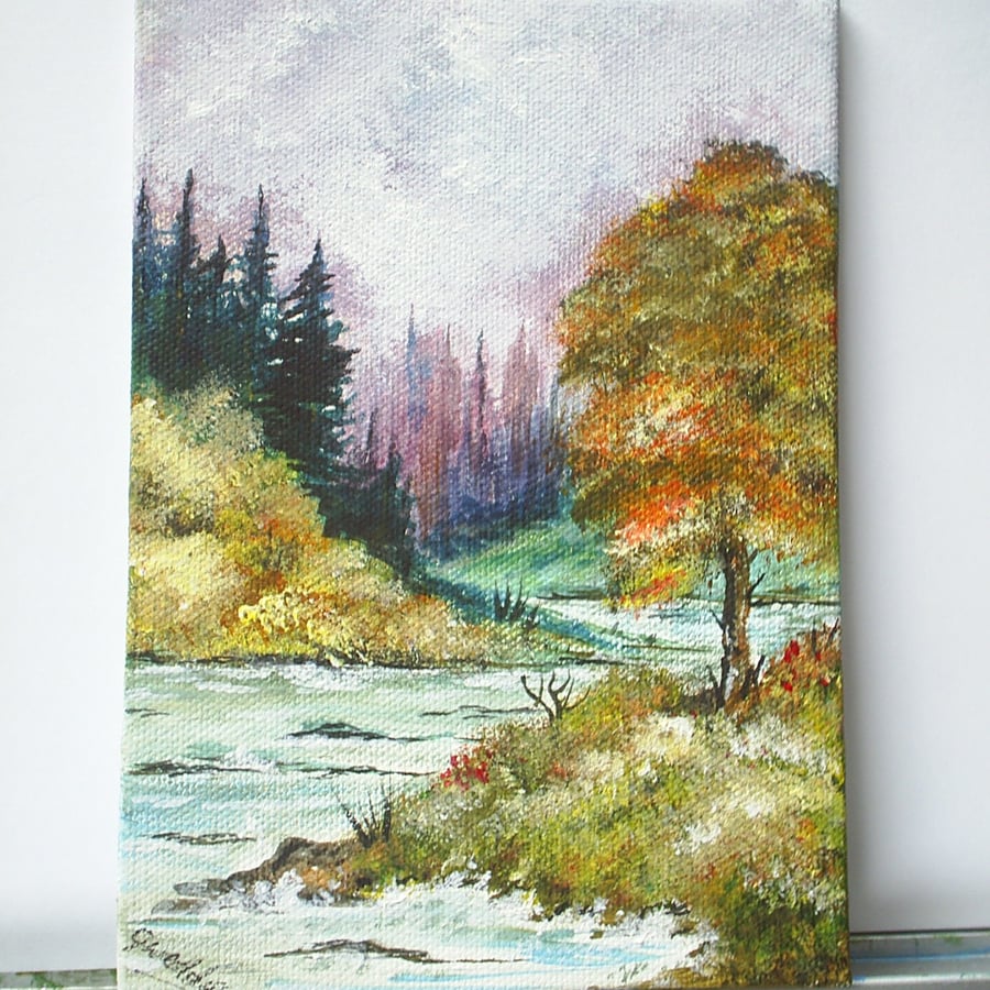 7x5 original acrylic art painting landscape river   135