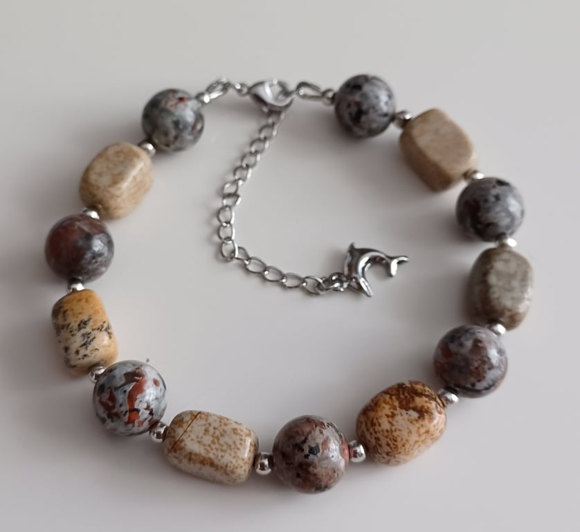 Handmade Jasper & Agate Beaded Bracelet, Natural Gemstone Jewellery for Women 
