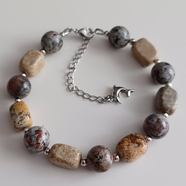 Handmade Jasper & Agate Beaded Bracelet, Natural Gemstone Jewellery for Women 