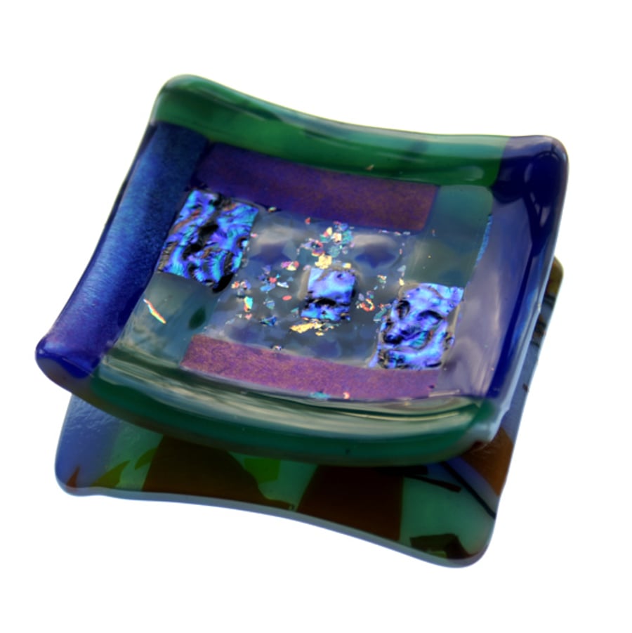 Fused Glass Trinket Dish 8cm Green Blue Bordered Dichroic 001