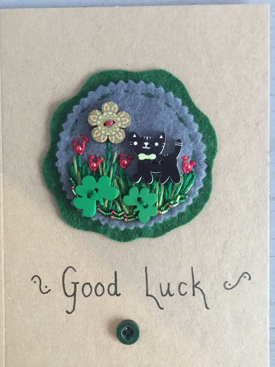 Hand Embroidered Good Luck Card