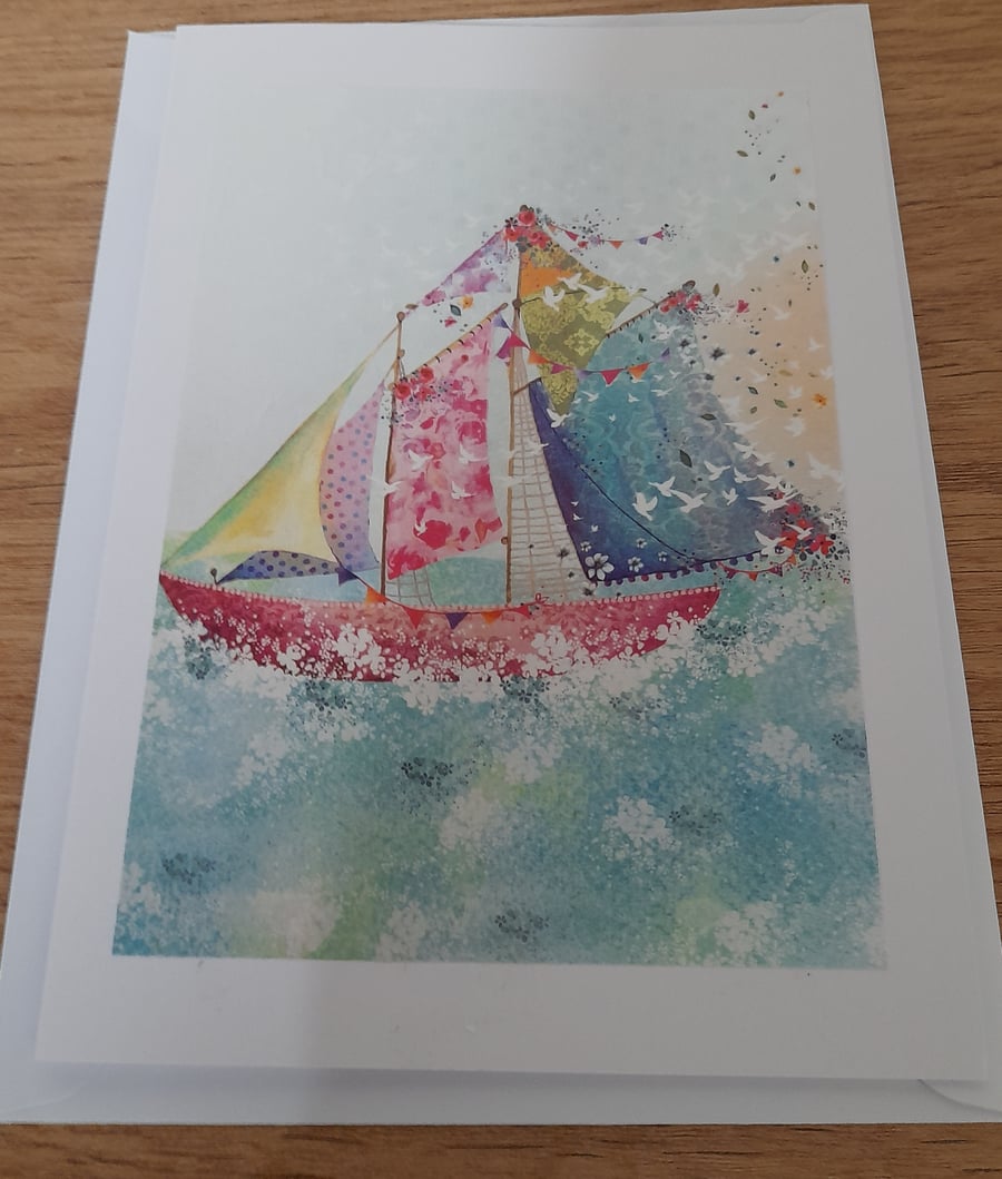 HANDMADE BLANK CARD, WITH A LOVELY BOAT ON THE SEA.