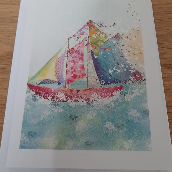 HANDMADE BLANK CARD, WITH A LOVELY BOAT ON THE SEA.