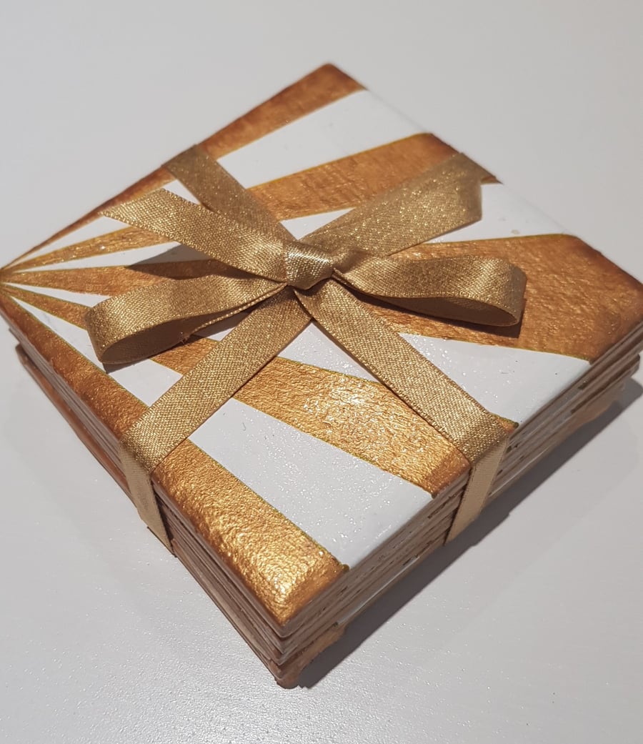 Set of 4 Art Deco Sunbeam Coasters, Ceramic, Cork Back - Hand Painted Gold-White