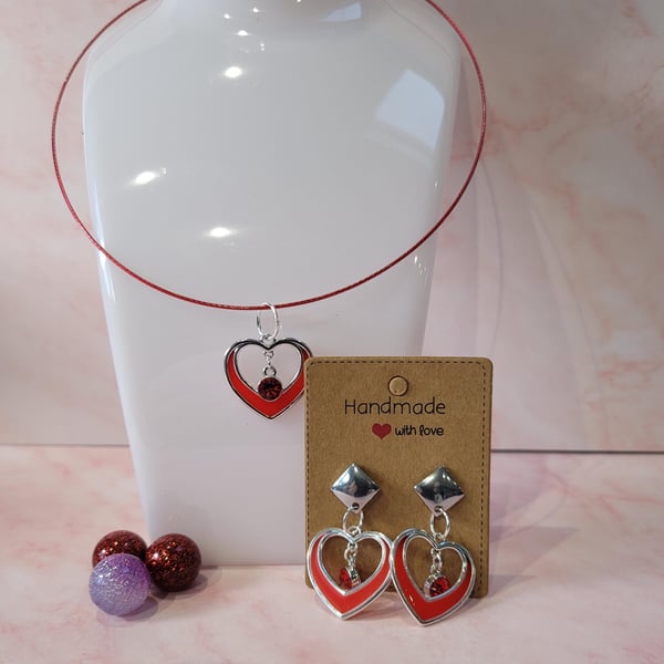 Resin Filled Bezel Heart with Red Birthstone Earring and Pendant Set