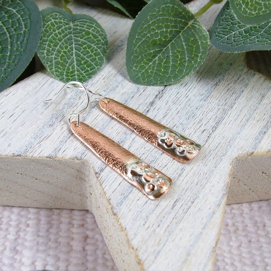  Heart XO Earrings, Sterling Silver and Copper Dropper Earrings