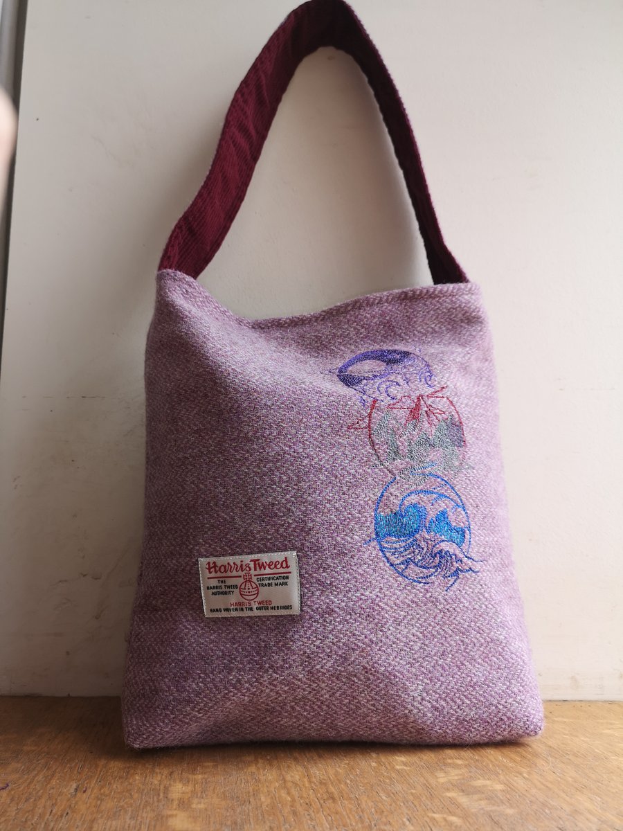 Harris Tweed Handbag with embroidered mountains scene 