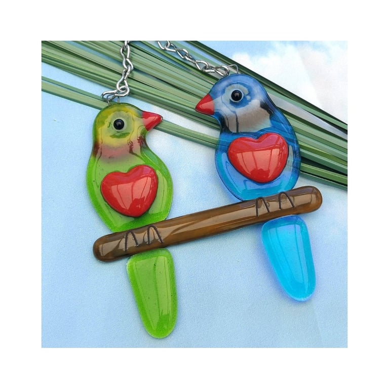 Handmade Fused Glass Lovebirds Hanging Decoration - Romantic Gift - Love Bird Pi