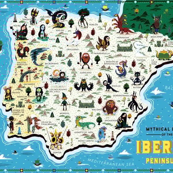 Mythical Beasts of the Iberian Peninsula - Illustrated map - A3 Art print - Post