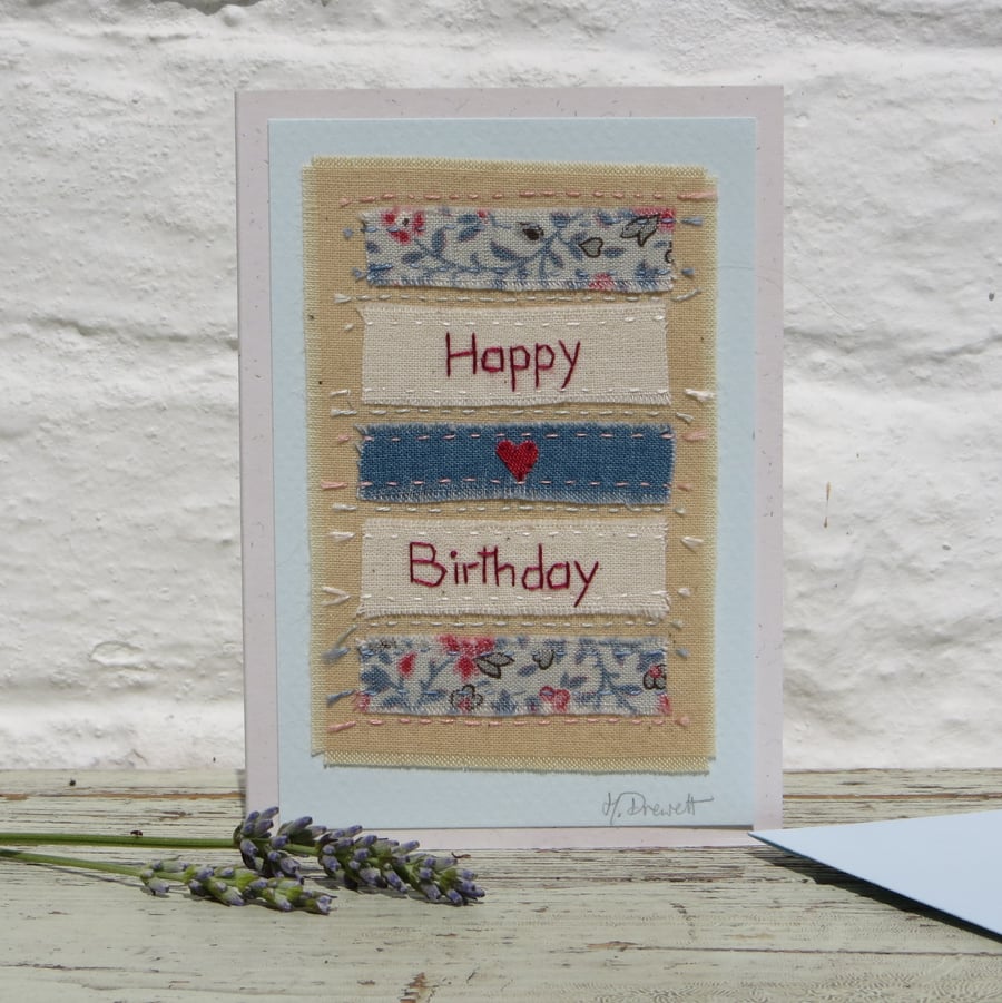 Hand-stitched card, pretty fabrics, little heart applique, a card to keep!