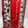 Red lantern with fused glass holly and berry panels