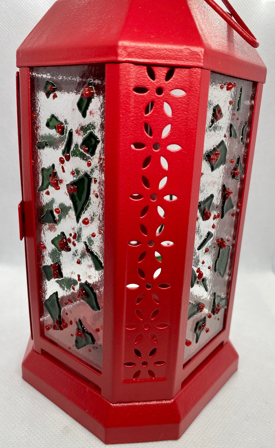 Red lantern with fused glass holly and berry panels