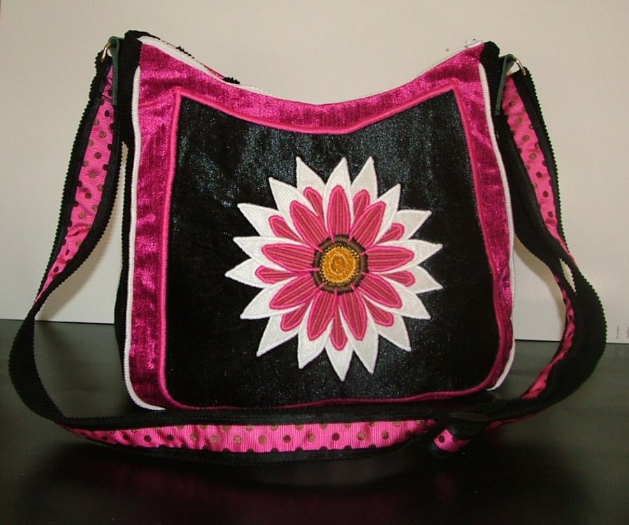 Black, Pink and White flower Handbag
