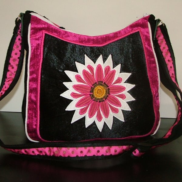 Black, Pink and White flower Handbag