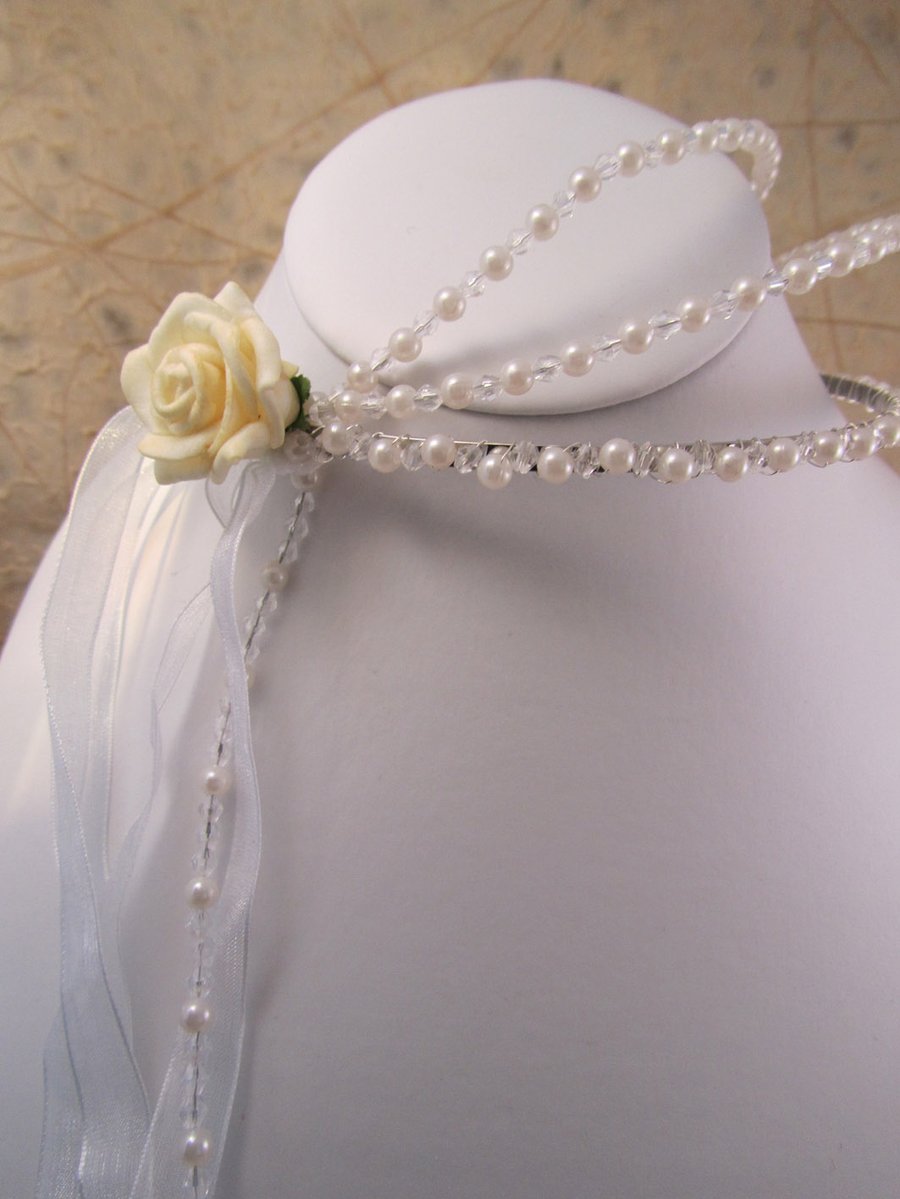 Victorian Style Cream Rose, Faux Pearl and White Organza Ribbon Tiara 
