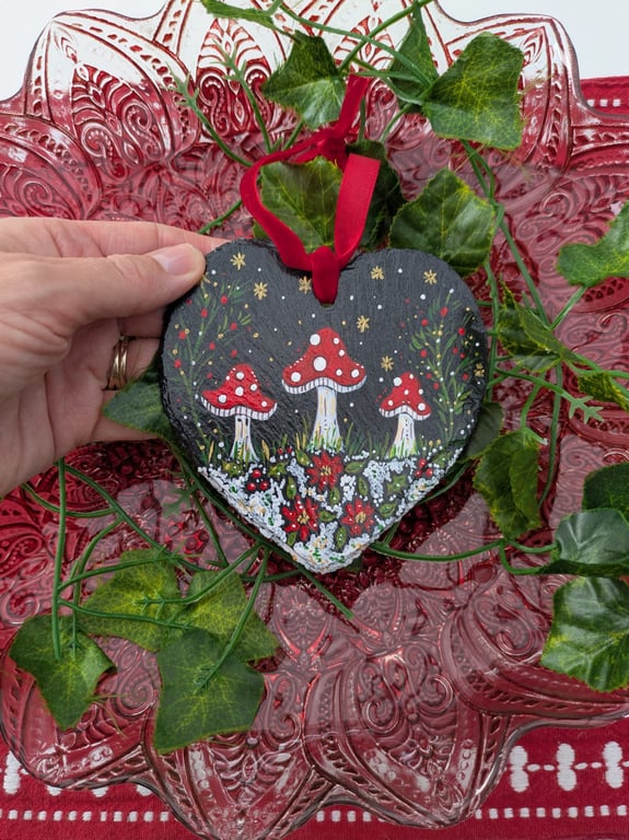 Toadstool hand-painted Christmas decoration, Mushroom slate heart
