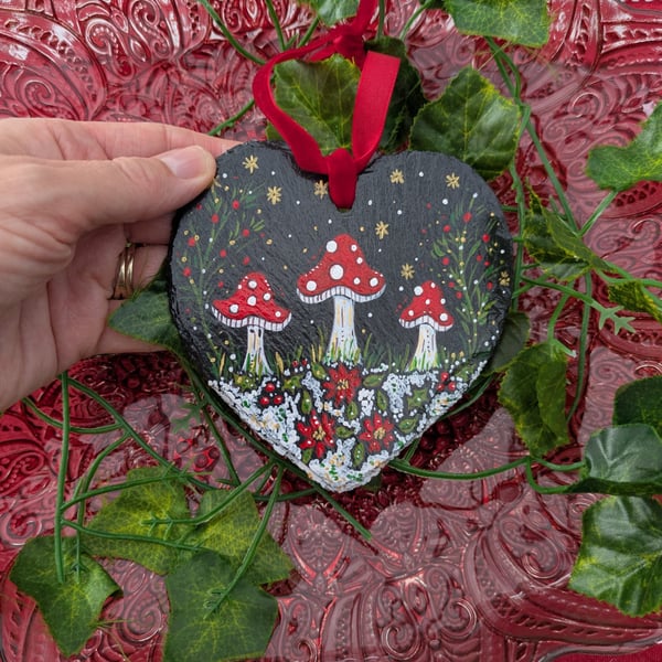 Toadstool hand-painted Christmas decoration, Mushroom slate heart