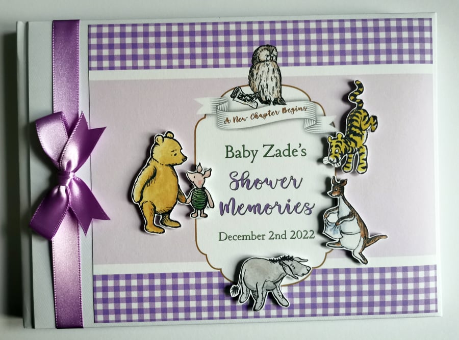 Classic Winnie the Pooh girl baby shower guest book, baby shower gift, lilac