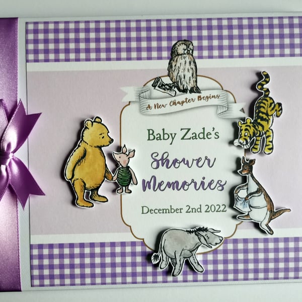 Classic Winnie the Pooh girl baby shower guest book, baby shower gift, lilac