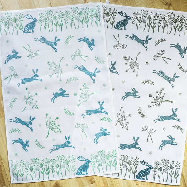 Hand printed leaping hares tea towel wedding, housewarming, nature lover gifts  