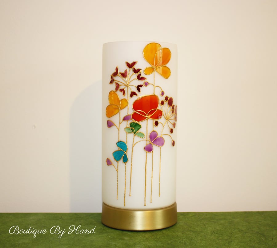 Wild flowers hand painted floral frosted glass touch table lamp, stained glass,