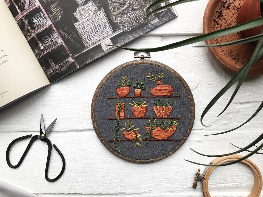 Plant embroidery. Botanical art. Embroidered hoop. Succulent embroidery. 