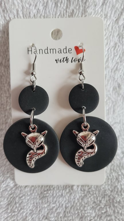 Handmade Polymer Clay Black and Fox Earrings, 316 Surgical Stainless Steel