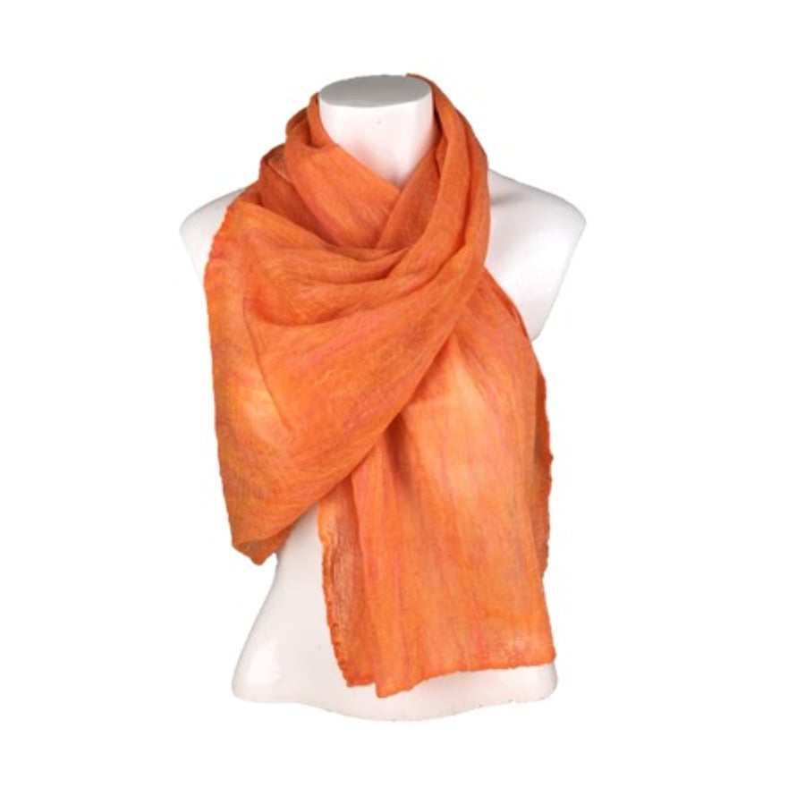 Nuno felted scarf, merino wool on silk chiffon in orange (1)