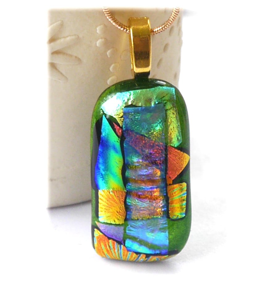Patchwork Dichroic Glass Pendant 183 gold plated chain