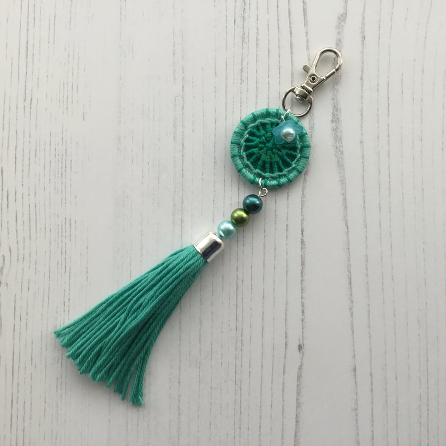 Bag Charm with Dorset Button and Tassel in Turquoise 