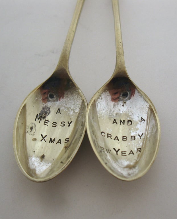 Pair of Apostle Coffeespoons, seconds, Messy Xmas and Crabby New Year