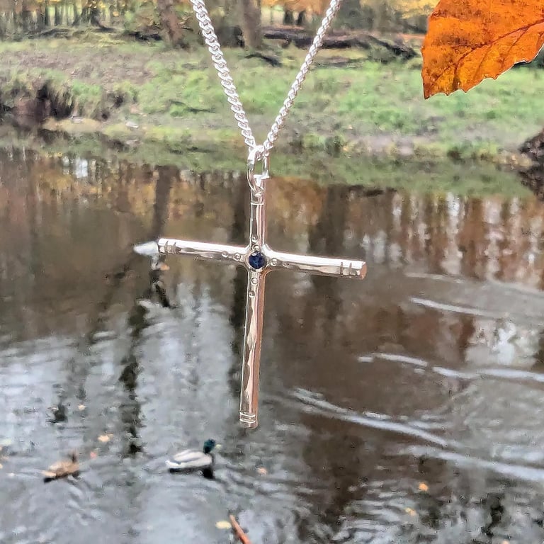 Recycled Sterling Silver Sapphire Cross Pendant: Sterling Silver