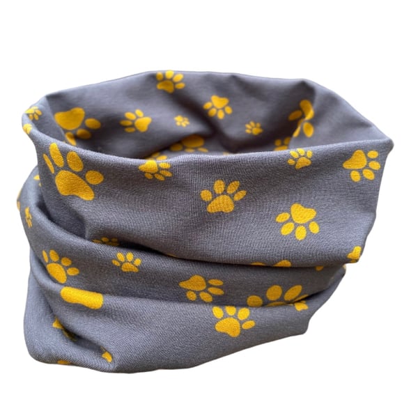 Grey Neck warmer with mustard paw prints (M & L adult sizes available)