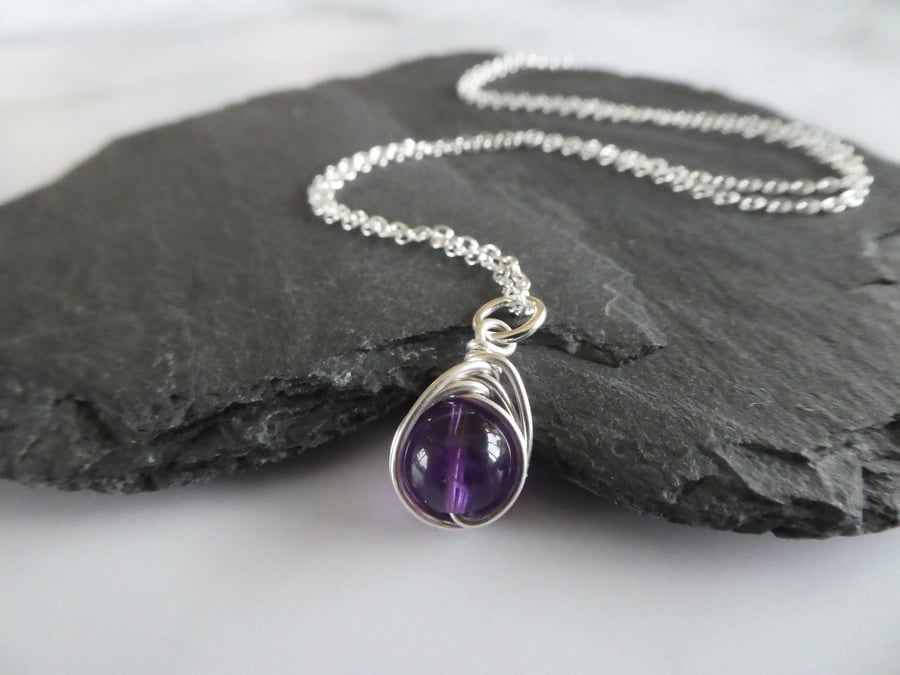 February birthstone necklace, amethyst in sterling silver pendant