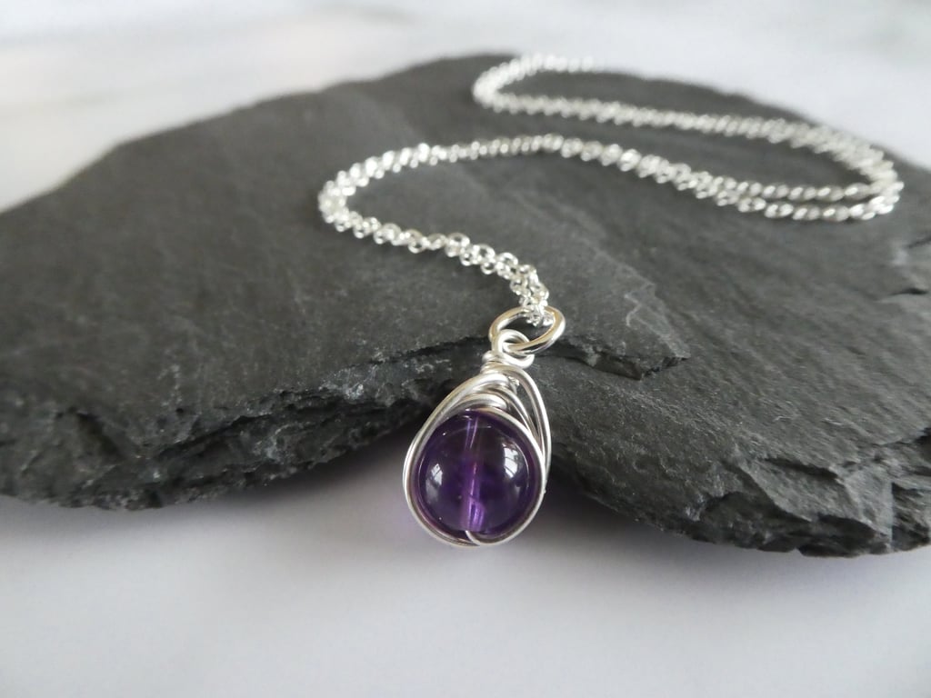 February birthstone necklace, amethyst in sterling silver pendant