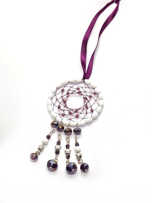 Purple silver and white hanging beaded dreamcatcher decoration