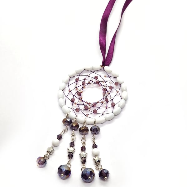 Purple silver and white hanging beaded dreamcatcher decoration