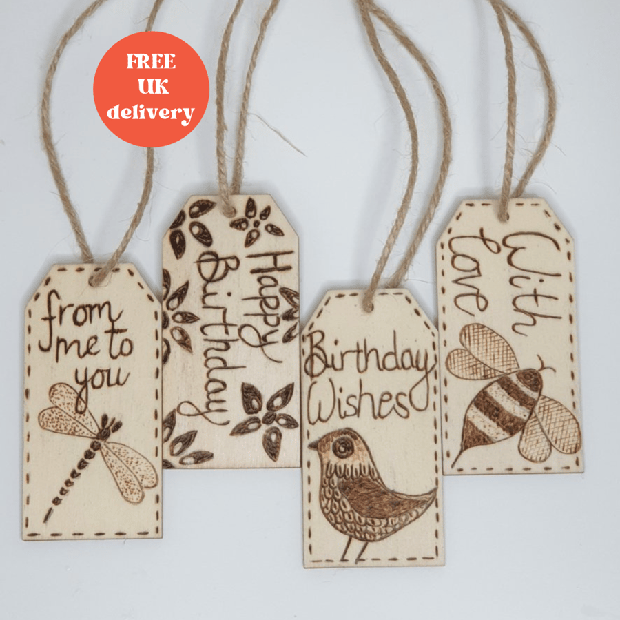 Wooden gift tags, pyrography nature design gift labels, gift wrapping