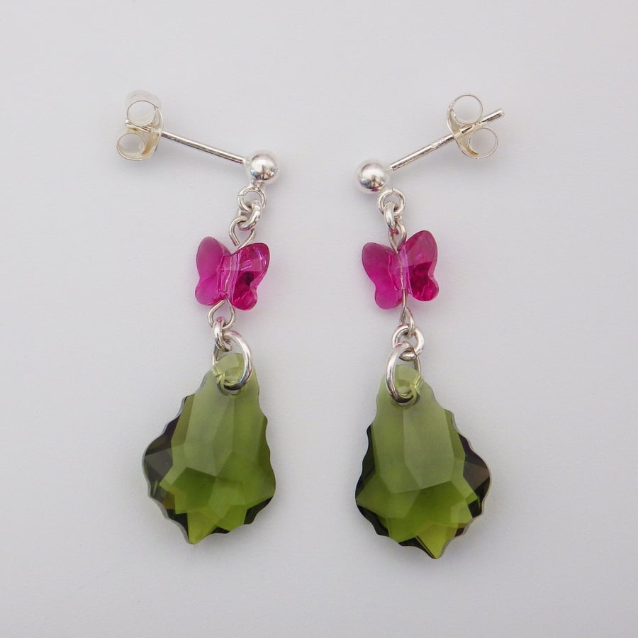 Swarovski olivine green baroque drop earrings with fuchsia pink butterflies