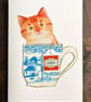 Ginger tabby cat handmade card, card for cat lover, cat in a cup - Image 2
