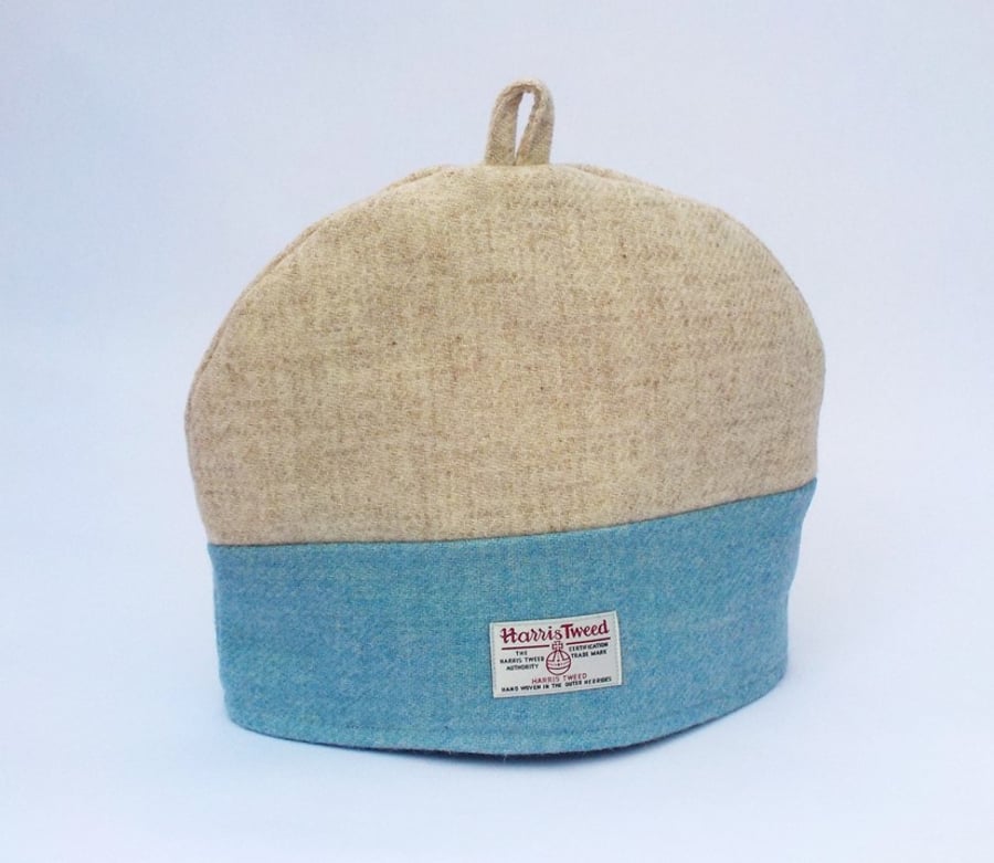 Harris Tweed tea cosy pale blue and cream fabric teapot cover 