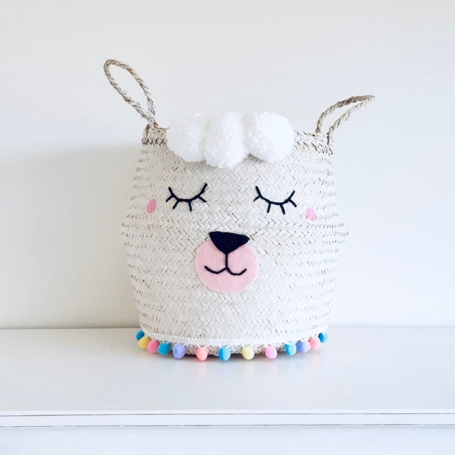 Llama seagrass belly basket with hand embroidered eyelashes