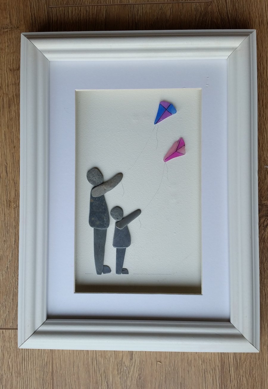 Pebble Art Picture, Mother and daughter flying kites, Mother's Day Gift 